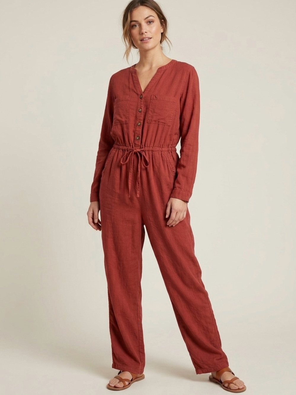 Old Navy Rust Button-Front Long-Sleeve Utility Jumpsuit